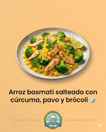 ARROZ BASMATI SALTEADO CON CÚRCUMA, TIRAS DE SOLOMILLO DE PAVO Y BRÓCOLI