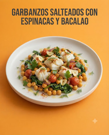 Garbanzos salteados con espinacas y bacalao