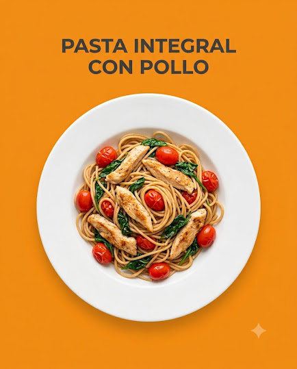 Pasta Integral con Pollo, Cherrys y Espinacas al Ajillo