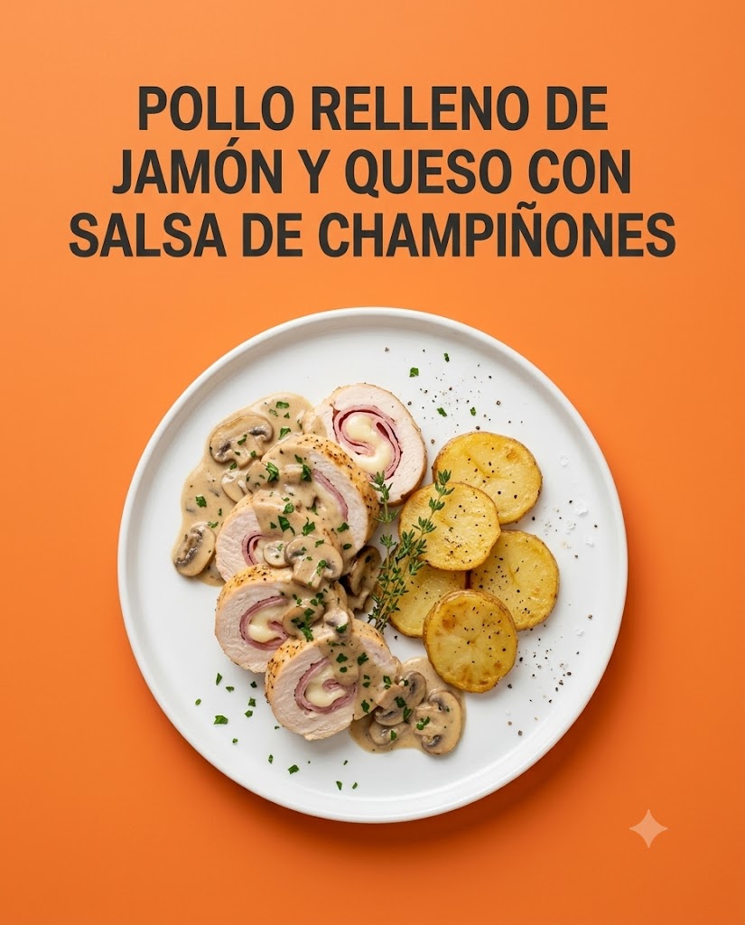 Pollo relleno de jamón y queso con salsa de champiñones