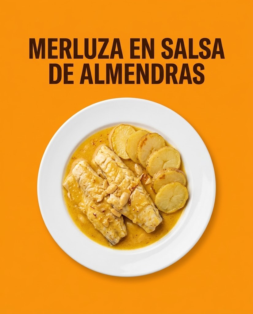 Merluza en salsa de almendras y azafrán con patatas panadera